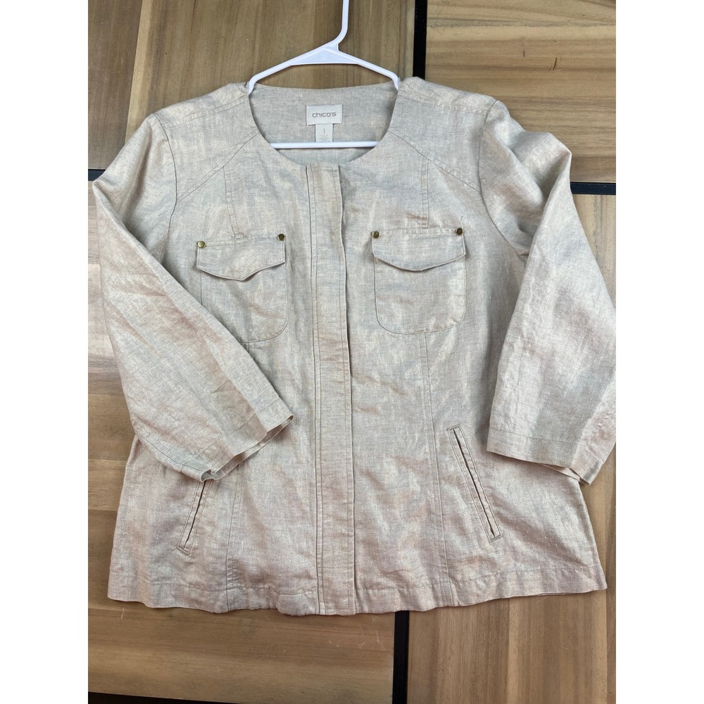 Chicos Linen Metallic Gold Shimmer Jacket Beige 3/4 Sleeve Size 1 Medium